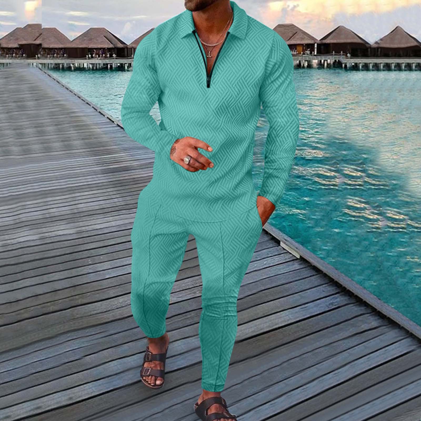 Nueva tendencia de moda para hombres, camiseta con solapa de color sólido, jersey con cremallera, cómodo, informal, ajustado, manga larga + Pantalones deportivos de dos piezas