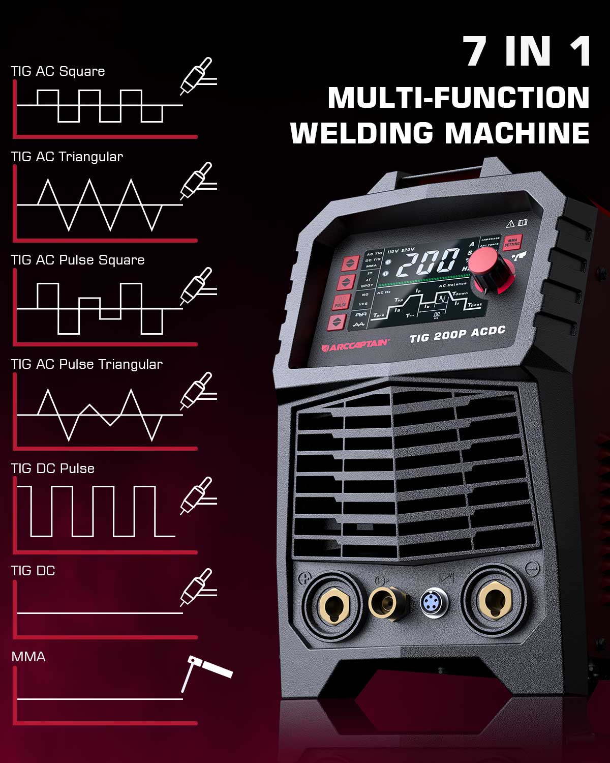 ARCCAPTAIN 7-in-1-WIG-AC/DC-Schweißgerät, 220 V, 200 A, Wechselrichter, WIG/StickPulse, Aluminium, quadratisch/dreieckig, Welle/Spot MultiProcess
