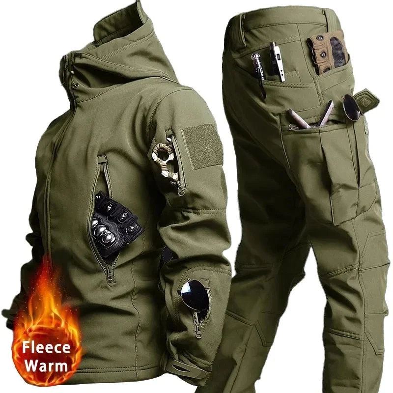 Conjuntos táticos camuflados masculinos, jaquetas com capuz e vários bolsos + calças cargo retas, 2 peças, ternos de lã de inverno, conjunto de carga de combate quente