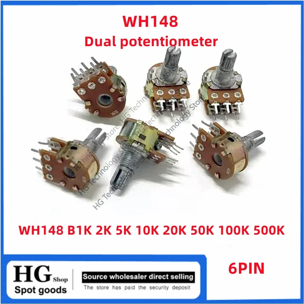 Potenciómetro estéreo Dual, amplificador de eje, WH148, B1K, 2K, 5K10K, 20K, 50K, 100K, 250K, 500K, 1M, Ohm, 6 pines, 15mm, 20mm, 5 unidades por lote