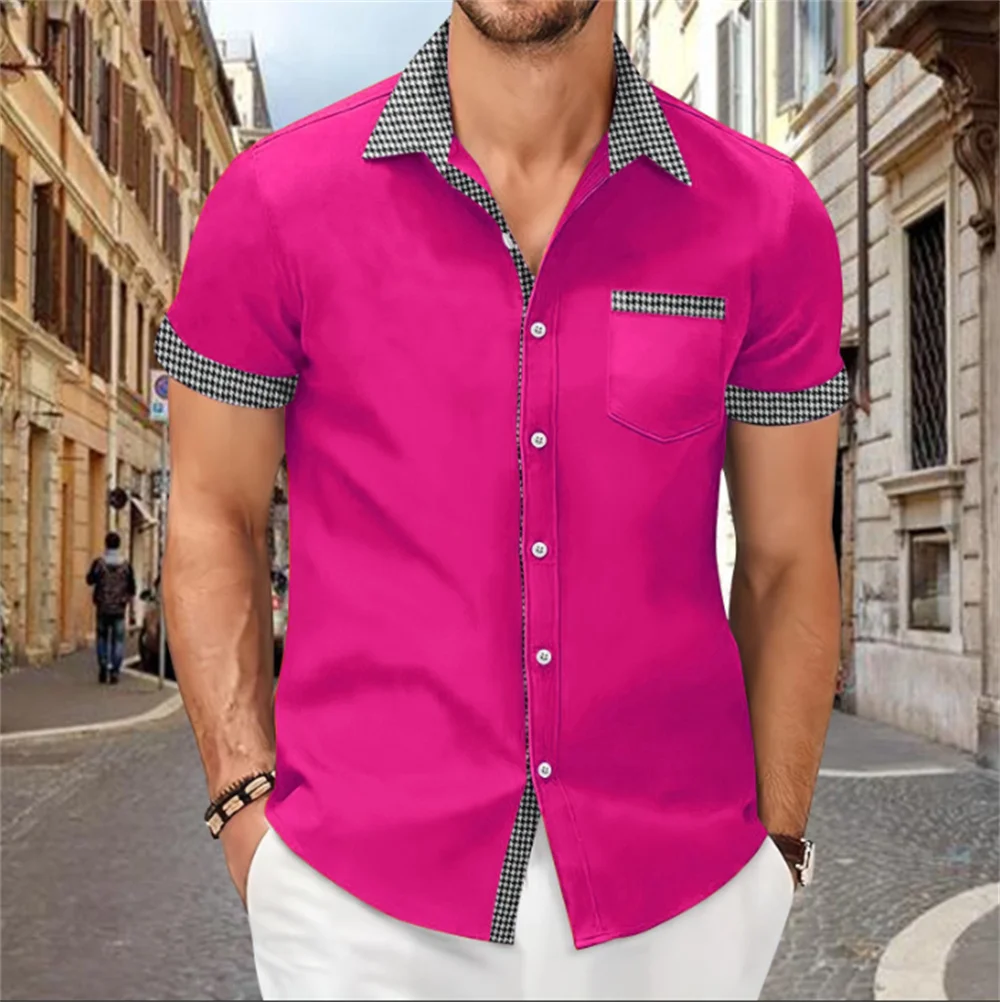 Camisa estampada de retalhos para homens, cor sólida, blusa de manga curta confortável e macia, tamanho grande, verão novo