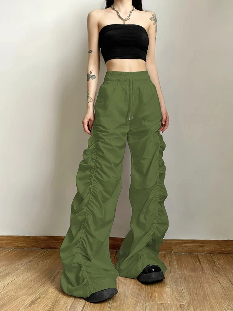 Tendência da moda personalizada autoconfiança vanguardista legal all-match casual solto menina cintura alta perna larga lanterna calças