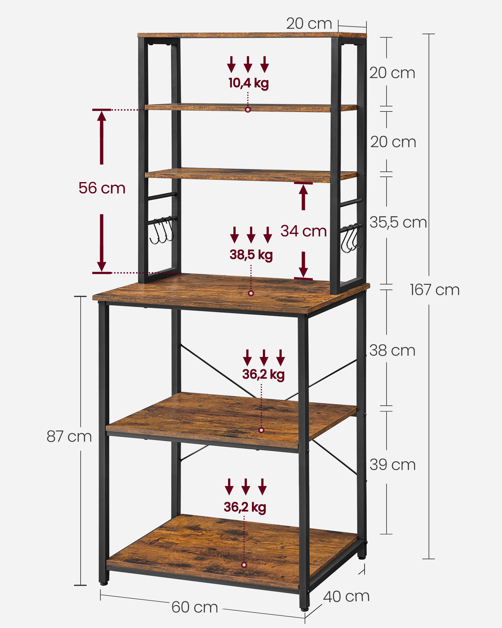 VASAGLE Standregal, Küchenregal mit 6 Haken, 40 x 60 x 167 cm(TxBxH)