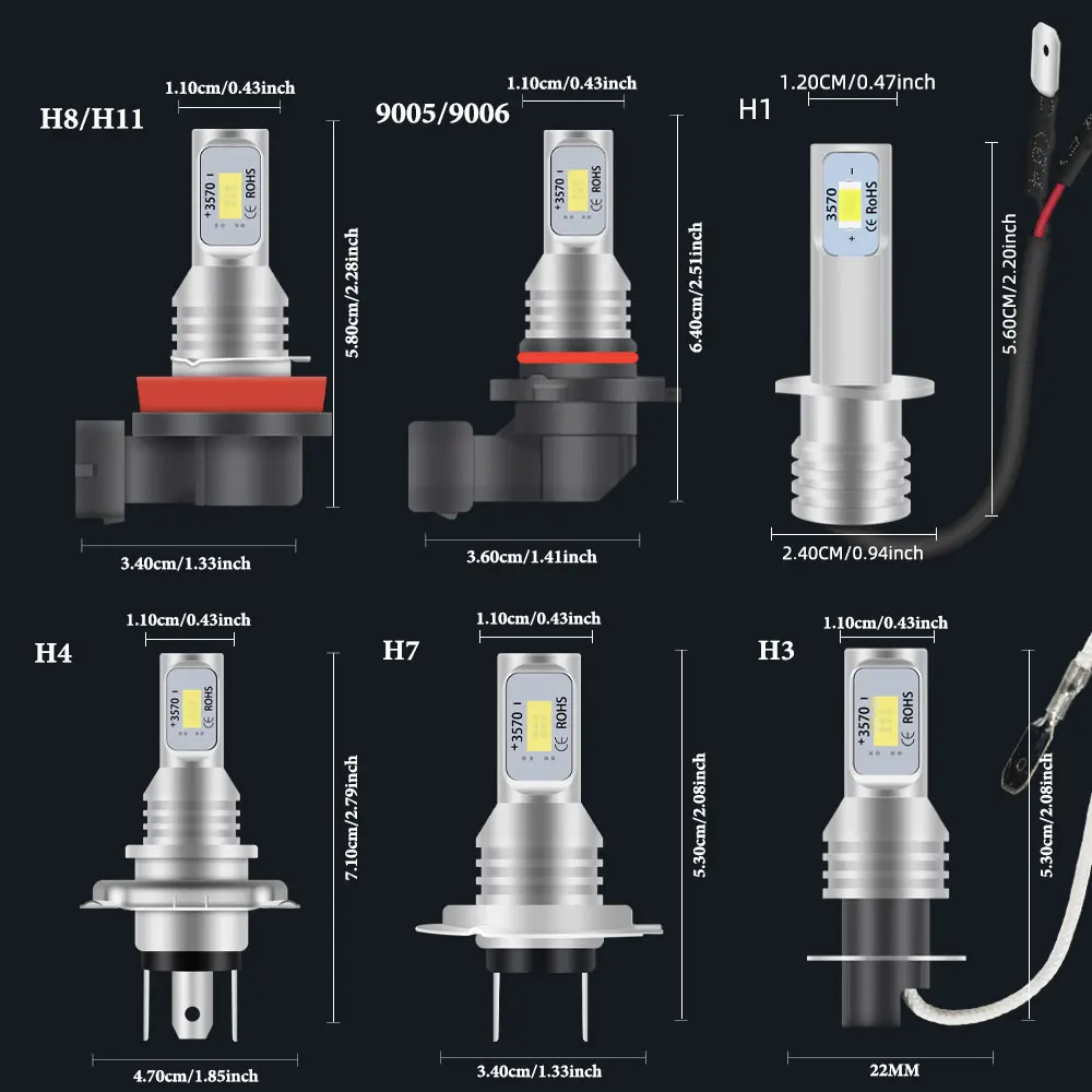 2pcs H7 H1 H8 H9 H11 9005 9006 Lâmpadas LED HB3 HB4 CSP LED Super Brilhante Farol DRL Lâmpada 6000K Branco