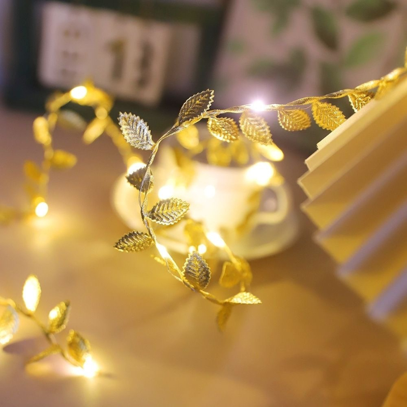 20/50/100LEDs Golden Silver Tiny Leaves Fairy Light Battery Powerd Artificial Plant Garland Vine Lights for Wedding Home Party