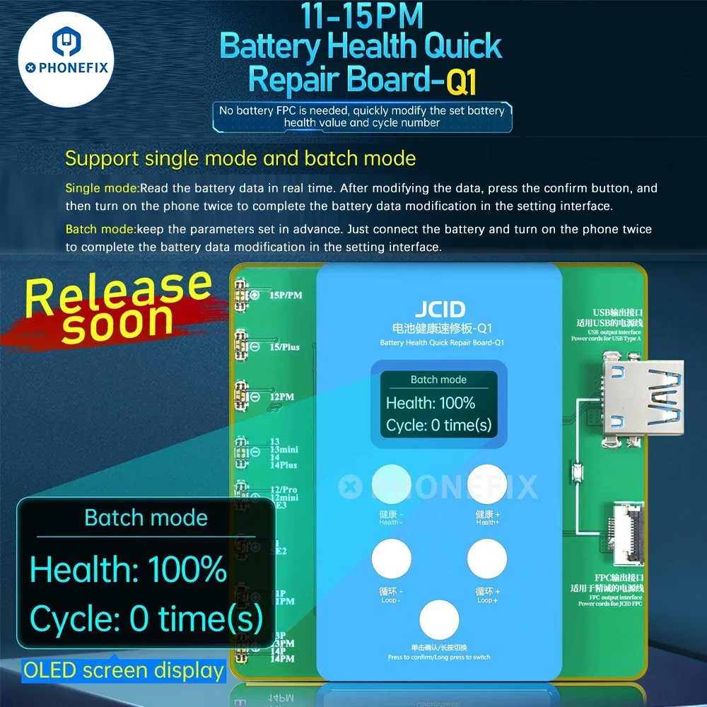 Calibrador de batería JCID Q1, placa de reparación rápida de salud para iPhone 11, 12, 13, 14, 15PM, ciclo de datos de salud, modificación sin batería FPC