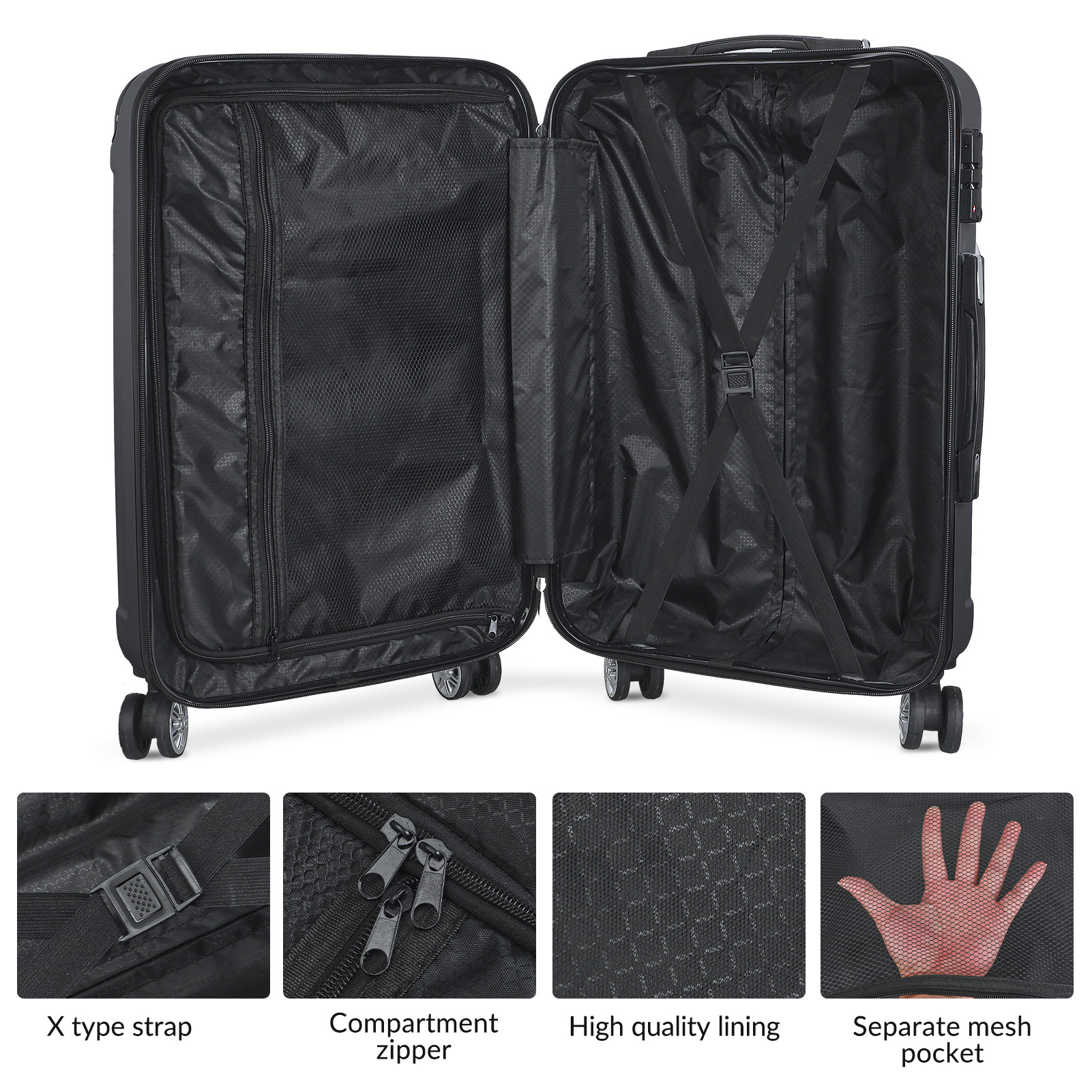 3-in-1 tragbarer ABS-Trolley 21 Zoll/24 Zoll/28 Zoll, mit Griff, 4 Universal-Rollen-Koffer, TSA-Schloss-Gepäckset