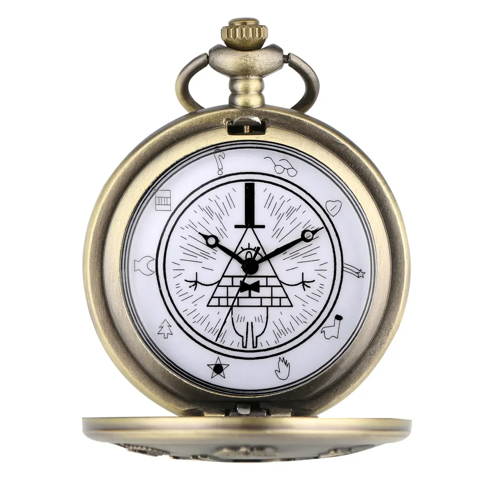 Collar de bronce Retro, cadena de joyería, reloj de cuarzo analógico Steampunk Bill Cipher Gravity Falls, reloj de bolsillo para regalo de hombre