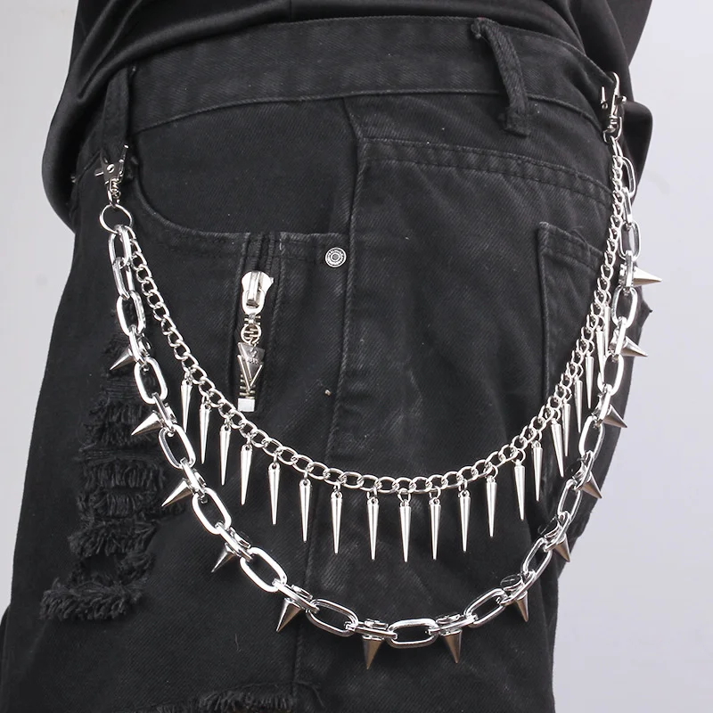 2 Styles Layered Punk Chain On The Jeans Pants Women Spike Keychains for Men Hip Hop Cool Versatile Men's Waist Chain Ornaments