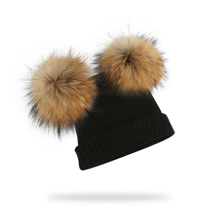 Chapéu e lenço de pompom duplo infantil para crianças, pele de guaxinim natural, boné de bebê, pompom genuíno, acessórios infantis, inverno