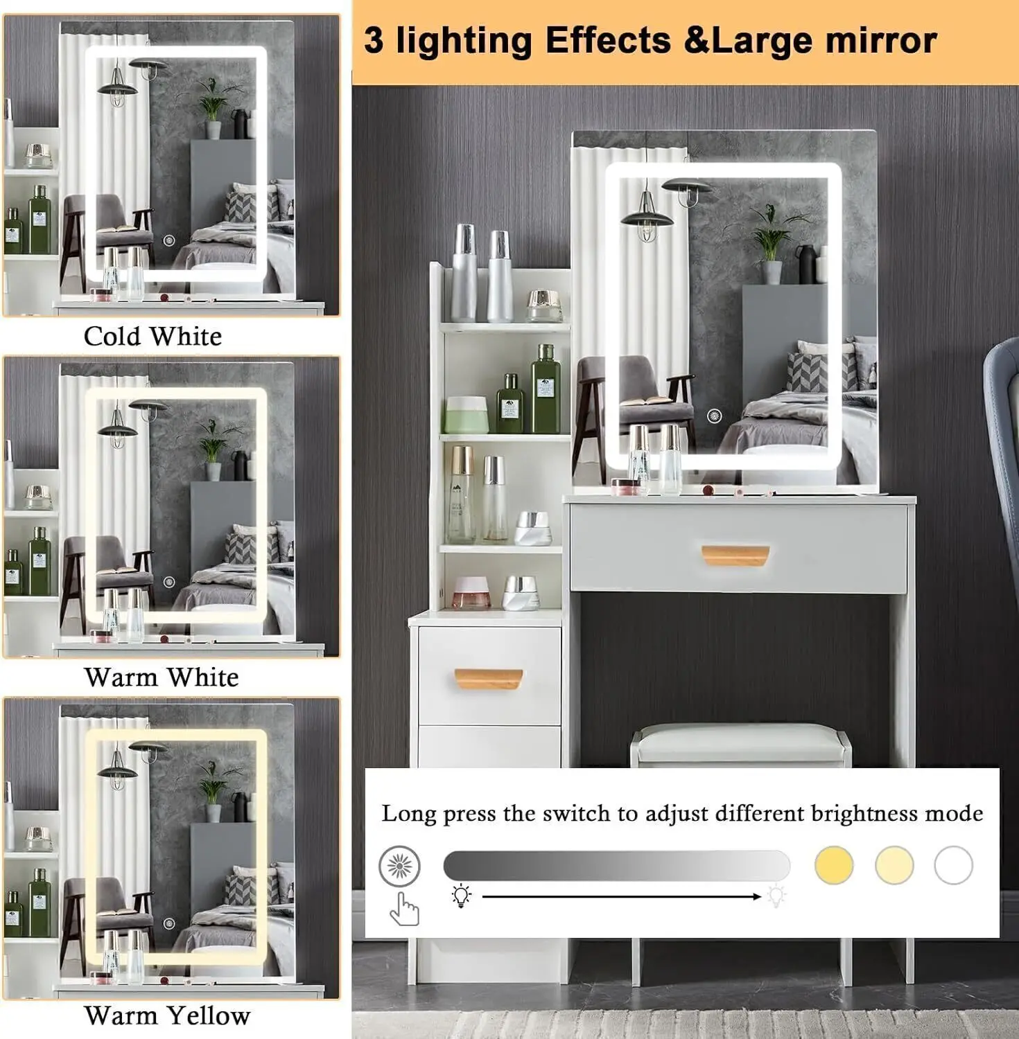 Toeletta con specchio e sgabello, Vanity Desk con luci a LED-3 colori, luminosità regolabile, Vanity Table con cassetti