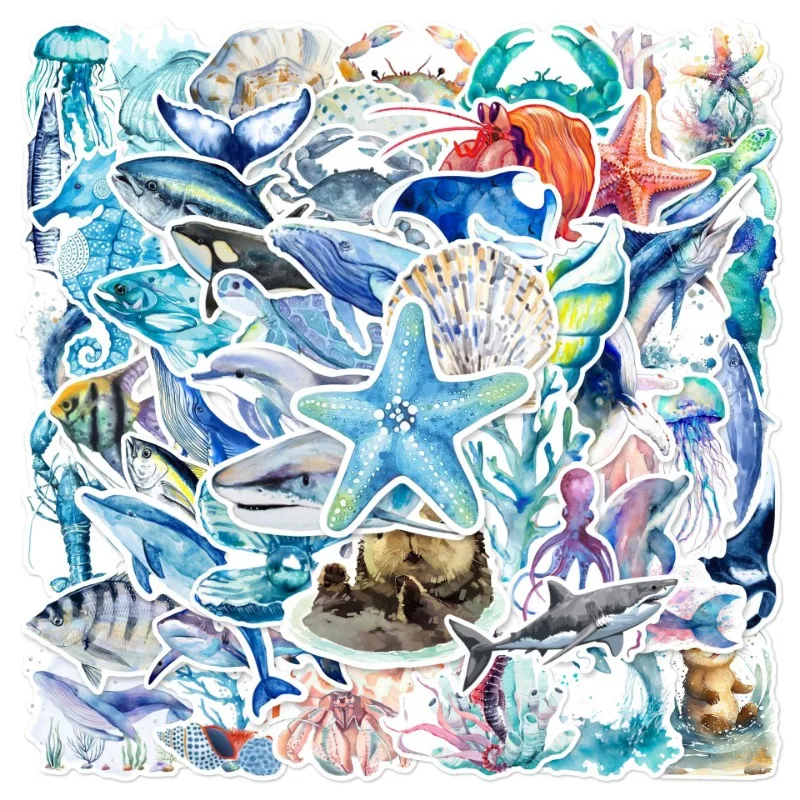 10/25/50 Uds. Pegatinas de dibujo a mano del mundo del océano, grafiti de peces de mar para teléfono, portátil, guitarra, equipaje de viaje, monopatín, coche DIY