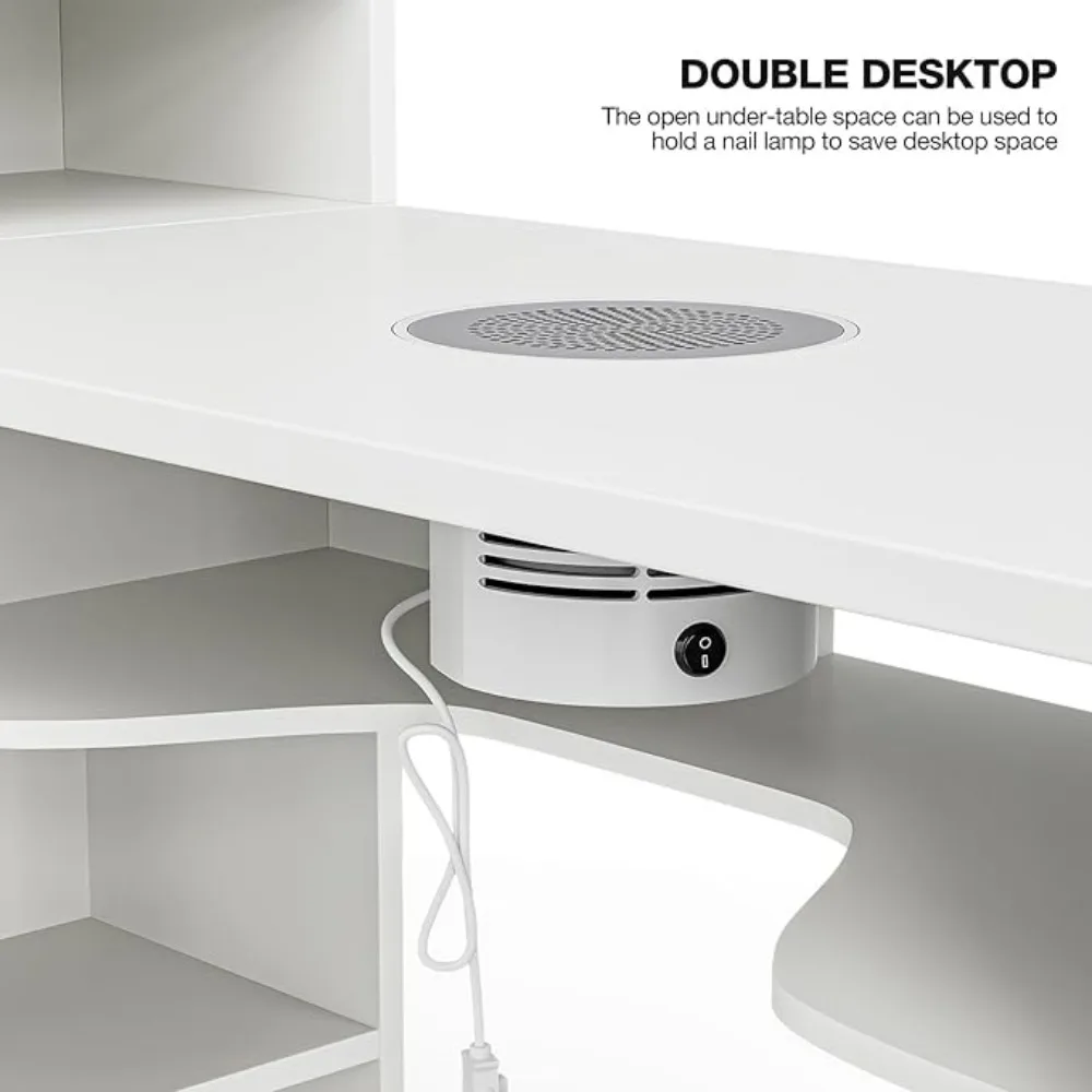 Nail table with shelf, L-shaped nail table stand with electric ventilation vent, foldable nail armrest