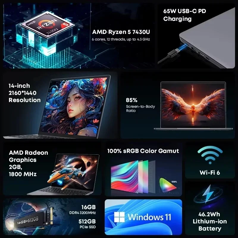 CHUWI CoreBook X Gaming Laptop AMD R5-7430U 16GB DDR4 RAM 512GB SSD 14.1 inch 2K Screen Lightweight Notebook 4.3 GHz Windows 11