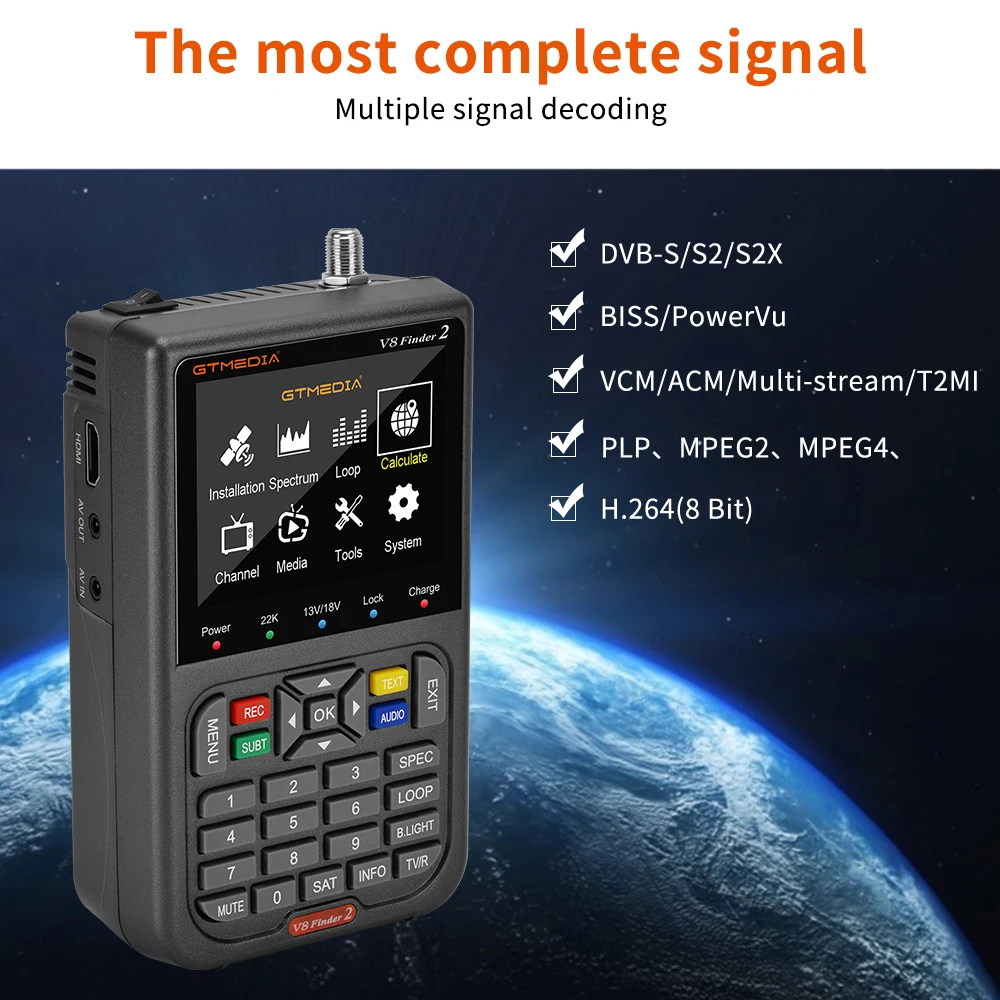GTMEDIA V8 Finder 2 Buscador de satélite DVB S/S2/S2X 1080P Receptor de señal de TV Soporte decodificador satinado CCM, VCM, ACM, multistream, T2-MI