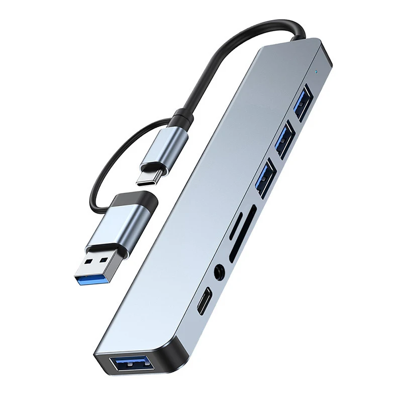 Estación de acoplamiento Hub USB tipo C 8 en 1 con conector de Audio de 3,5mm lector de tarjetas Micro SD para ordenador portátil tableta convertidor de disco de teléfono