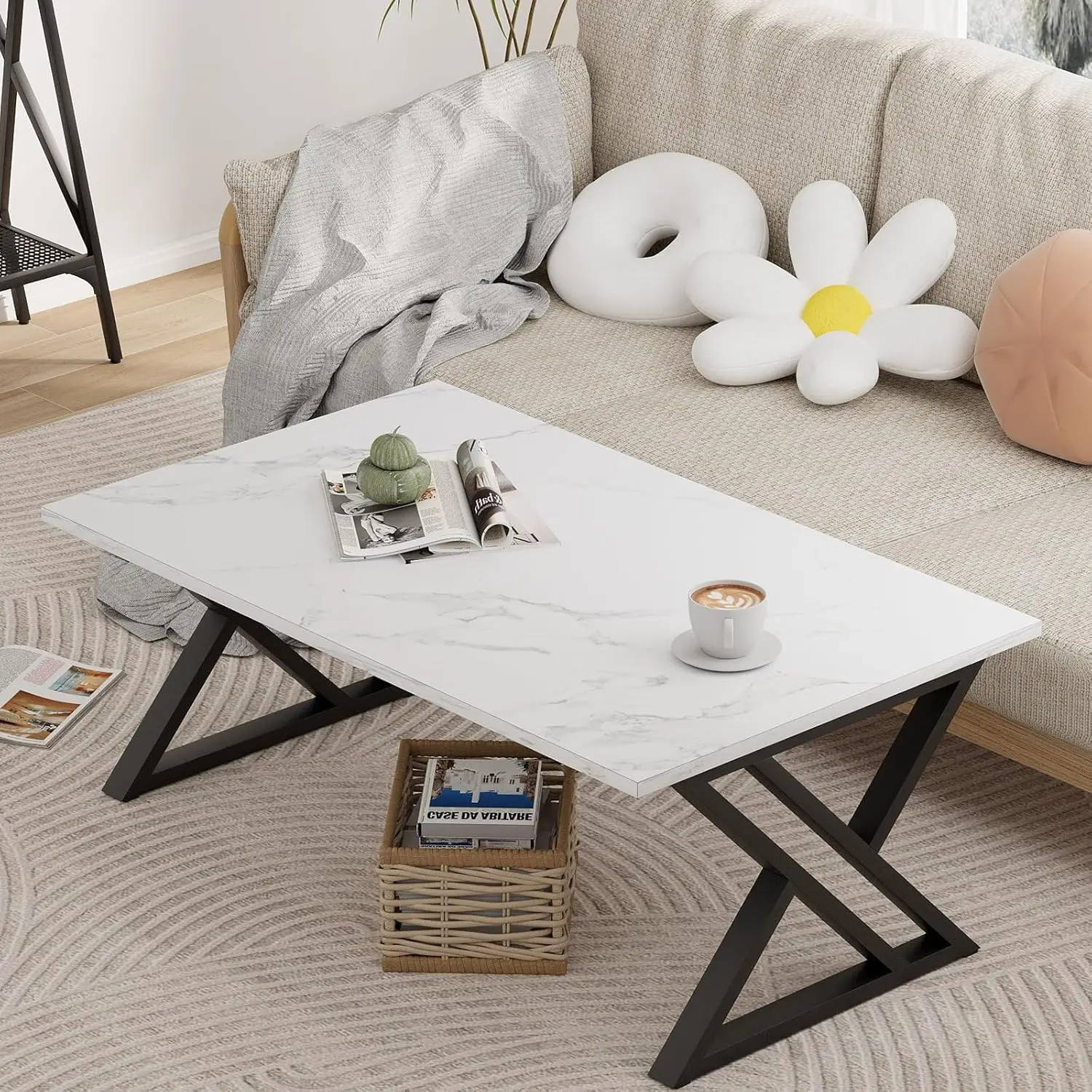 Living Room Table, Center Tea Table, Rectangular Tea Table, End Side Table with Black Metal Frame for Living Room Bedroom Office