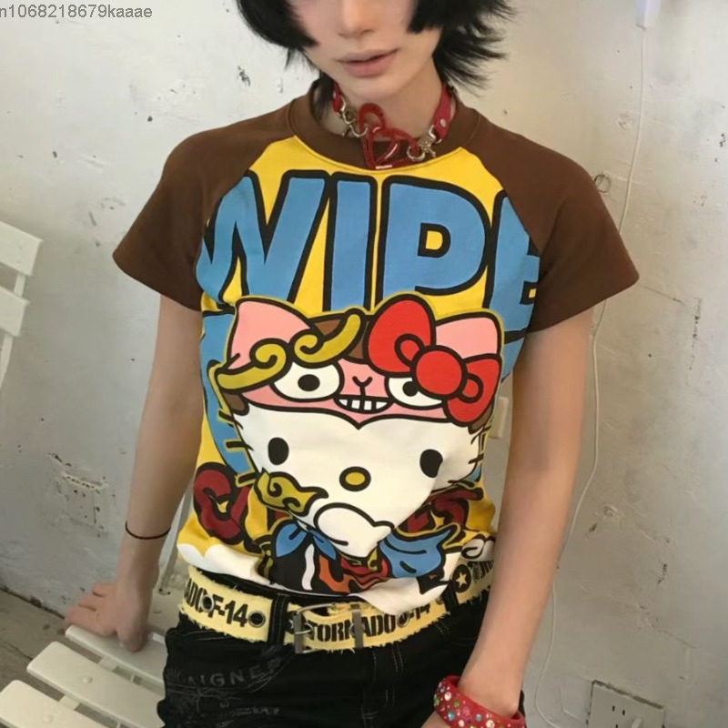 Sanrioハローキティ半袖Tシャツ、アニメファッション、夏のかわいいTシャツ、漫画のプリント、ハイストリートゴシック、新作、y2k