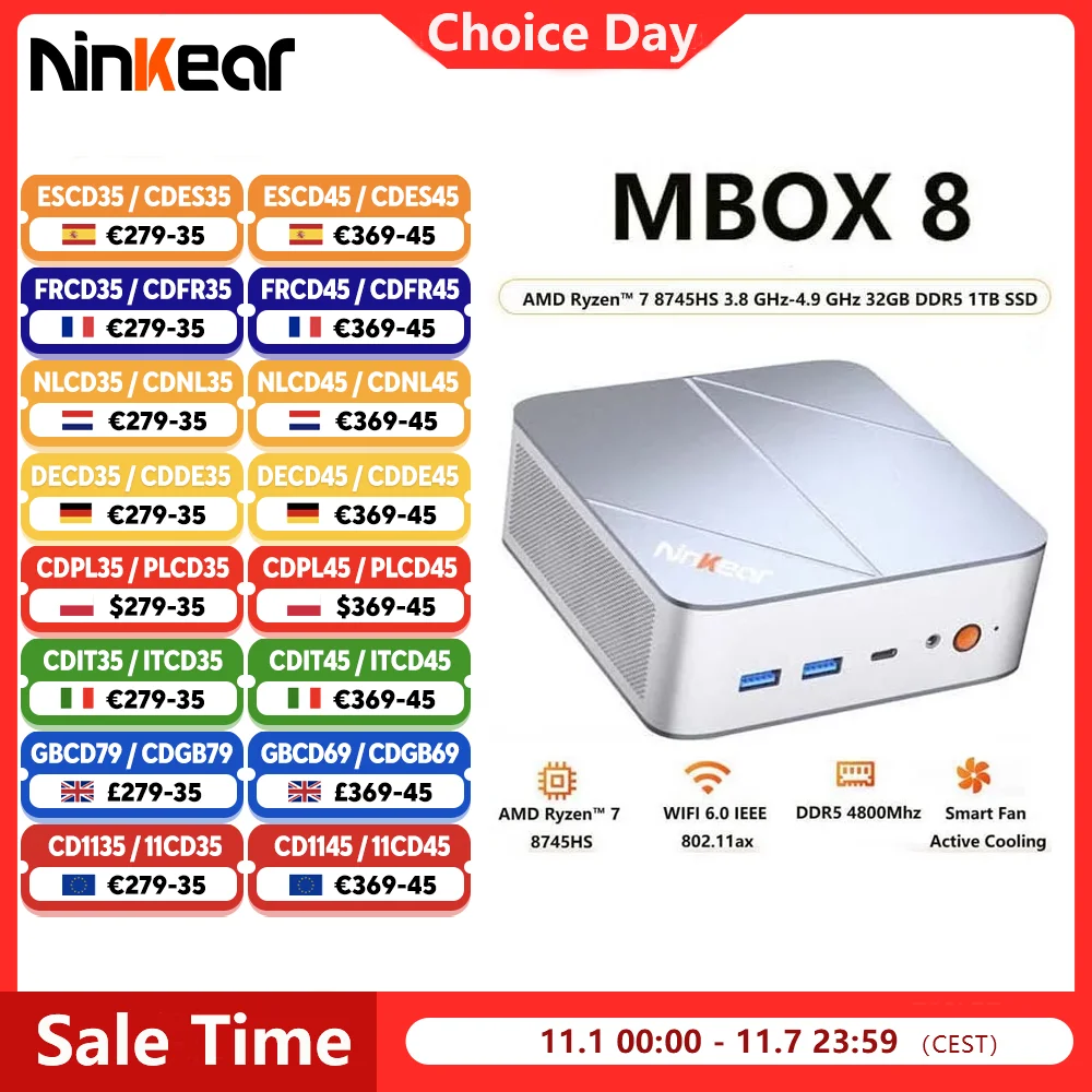 Ninkear M8 MINI PC AMD Ryzen ™   7 8745HS Mini-computers 32 GB DDR5 1 TB SSD WiFi6 BT5.2 Windows 11 Smart Fan Actieve koeling