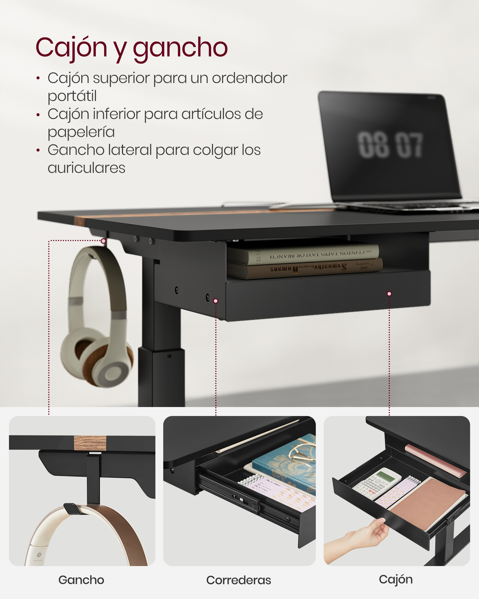 VASAGLE Height Adjustable Desk: 60 x 140 cm Worktop, Socket, Drawer. Continuous Adjustment, 4 Height Memory Functions.