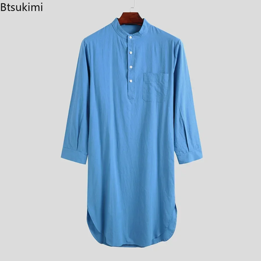 Moda muçulmana abayas para homens roupões de dormir algodão sólido manga longa confortável lazer camisola dos homens roupões de banho homewear roupões