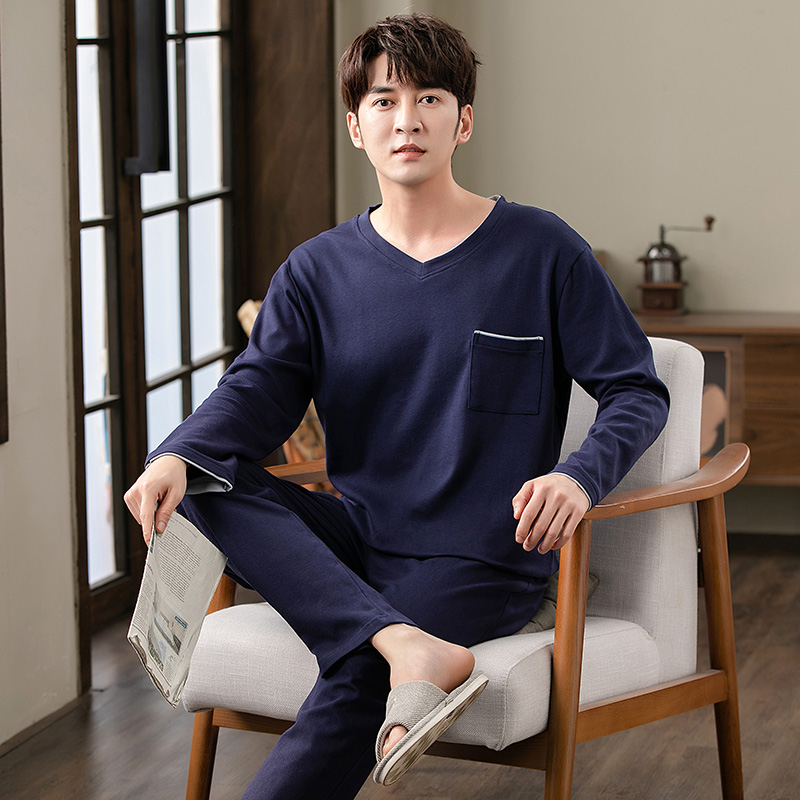 Ensemble pyjama en coton à col en v pour hommes, hauts à manches longues + pantalons longs, vêtements de nuit pour la maison, vêtements de nuit simples à la mode pour hommes, automne