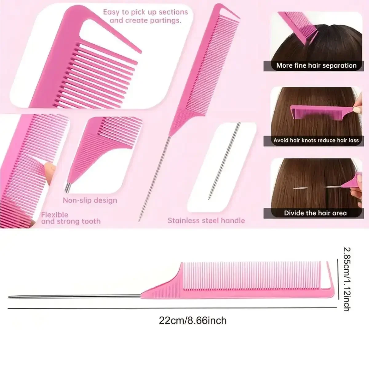 Set di pettini per styling da 3 pezzi pettine per stuzzicare pettine triplo per stuzzicare pettine per coda di topo strumento per spazzolare i bordi della coda dei capelli, speciale per parrucche di capelli veri
