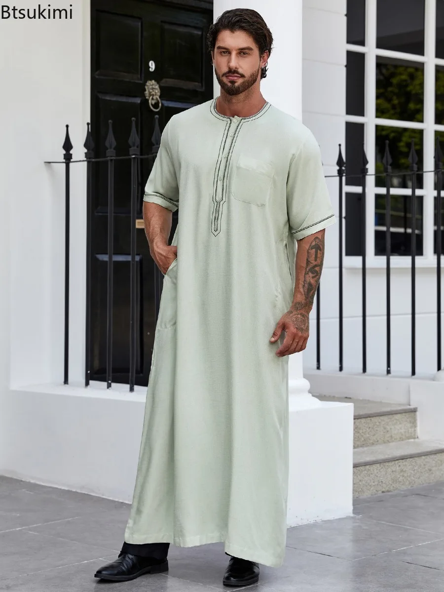 Ramadan Muslim Fashion Abayas für Männer Jubba Thobes Langarm Pullover Kleid Pakistan Arabischer Kaftan Islamische Kleidung Gebetskleider