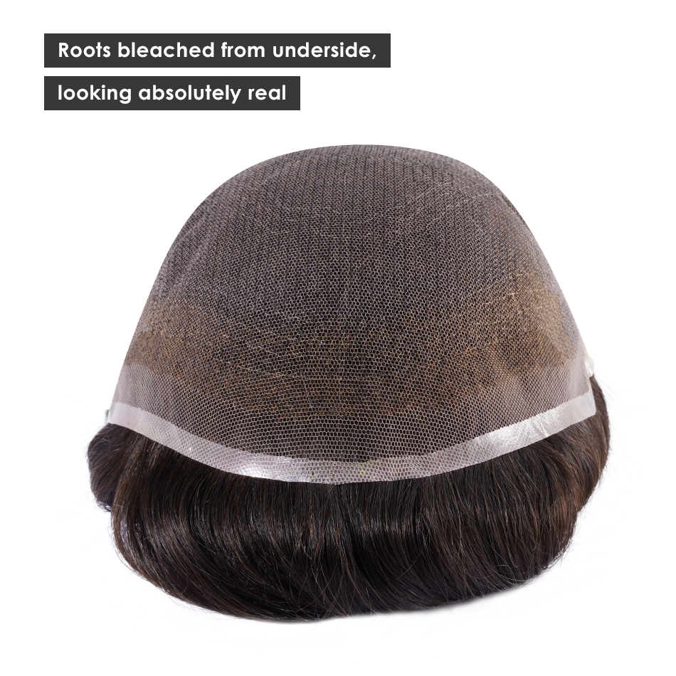 Full สวิสลูกไม้ผู้ชายผม Toupee วิกผมชายที่มองไม่เห็น Bleach Hairline Soft Capillary Prothesis ผมเปลี่ยนระบบสําหรับชาย