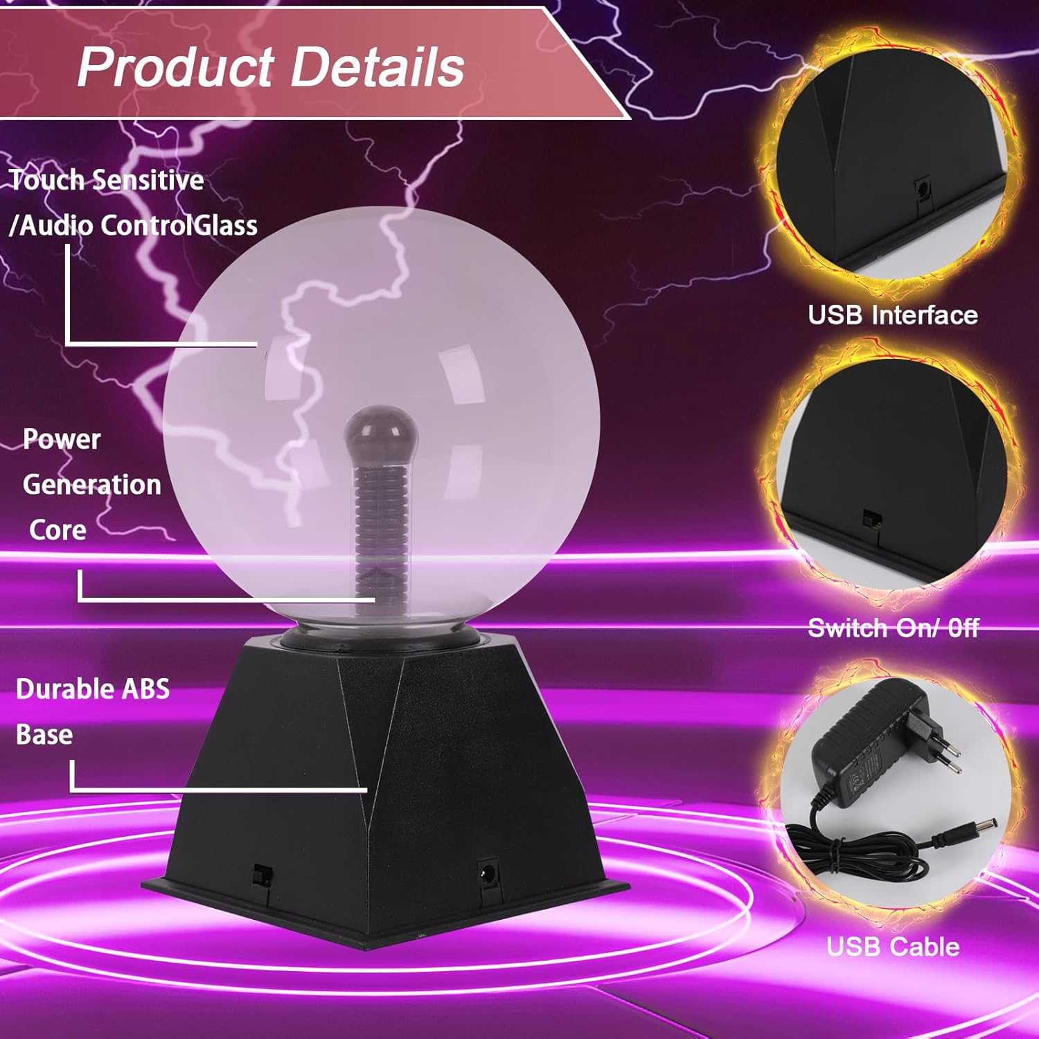 Luz de bola de plasma, lâmpada de bola de plasma piscante 15cm, bola de plasma mágica sensível ao toque e som para quarto, decoração, festa