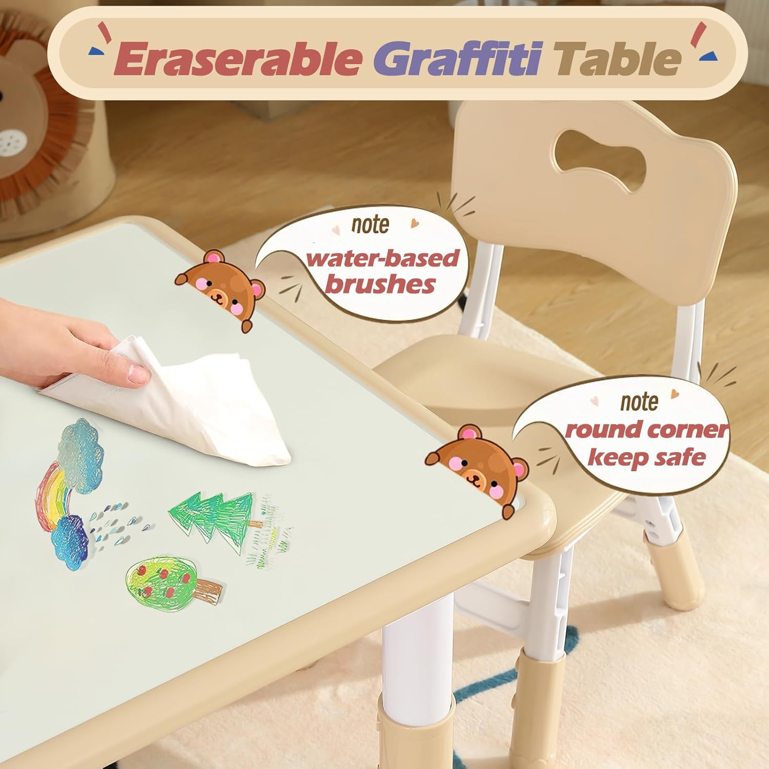 Table and Chair Set, Height Adjustable Toddler Table and Chair Set for Ages Over 3, 31.5''L x 23.6''W Graffiti Desktop for Dayca