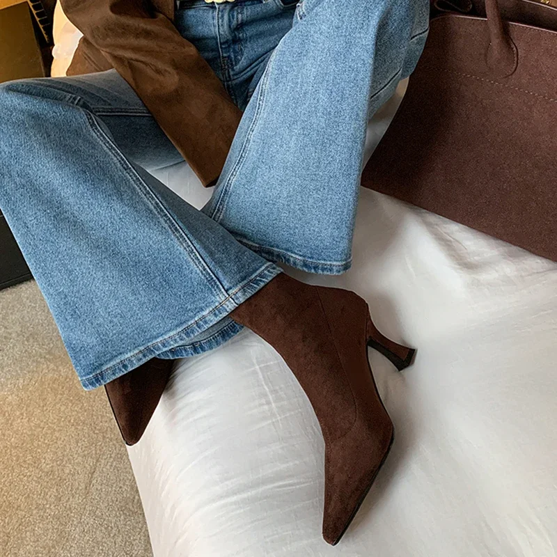 ผู้หญิงวินเทจข้อเท้ารองเท้าแฟชั่น Pointed Toe รองเท้าฤดูใบไม้ร่วงฤดูหนาวรองเท้าส้นสูงสุภาพสตรี Elegant ยืด Slim สั้น Booties