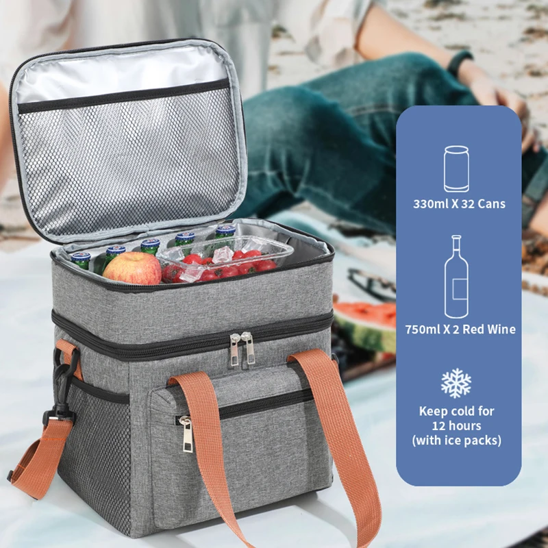Bolsa de almuerzo de gran capacidad, bolsa de Picnic con aislamiento térmico de doble capa, bolsa de almacenamiento de bebidas y alimentos con correa para el hombro, bolsas más frescas, 1 ud.