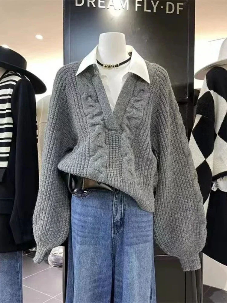 2024 Otoño/Invierno moda nueva mujer estilo de desplazamiento coreano elegante Sudadera con capucha de punto falso cuello de dos piezas Jersey Retro