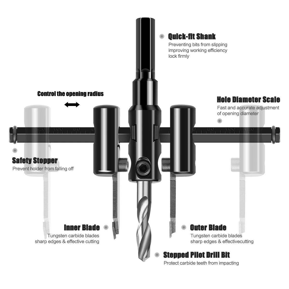 1PC 30/40-120/200/300mm Adjustable Hole Opener Circle Hole Cutter Circle Hole Saw Aircraft Type Wood Drill Bit DIY Tool
