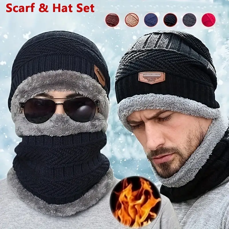 1 set warme en zachte winterfleece gevoerde gebreide muts, sjaals en touchscreenhandschoenen 3-delige set, perfecte oor- en nekwarmer