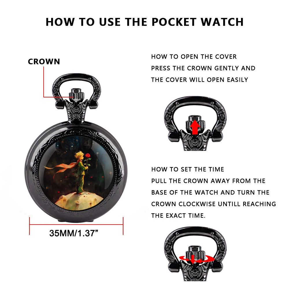 Príncipe e rosa cúpula relógio de bolso com corrente algarismos árabes dial vintage masculino feminino colar pingente relógio melhor presente para crianças