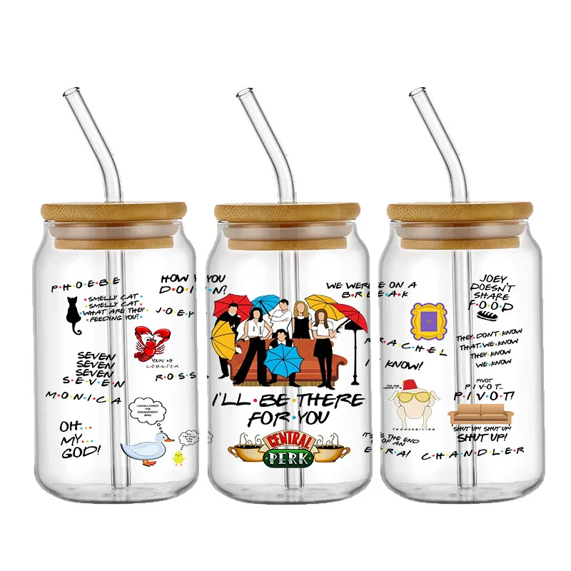 Pegatinas de transferencia de amigos, impermeables, UV, DTF, taza, pegatina envolvente, DIY, calcomanía 3D para vidrio Libbey de 16oz