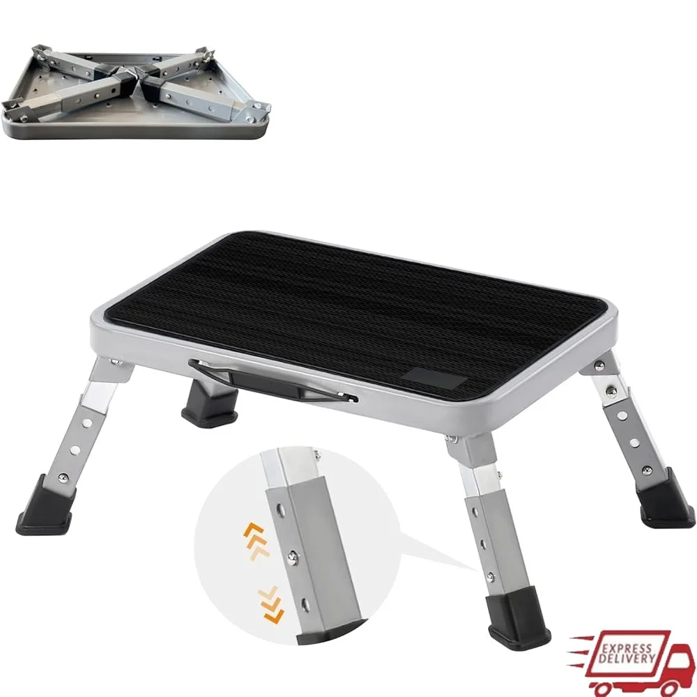 Folding Step Stool RV Adjustable Height Portable Metal Step Ladder Non-Slip Surface Heavy Duty Stepping Stool Indoor Outdoor Use