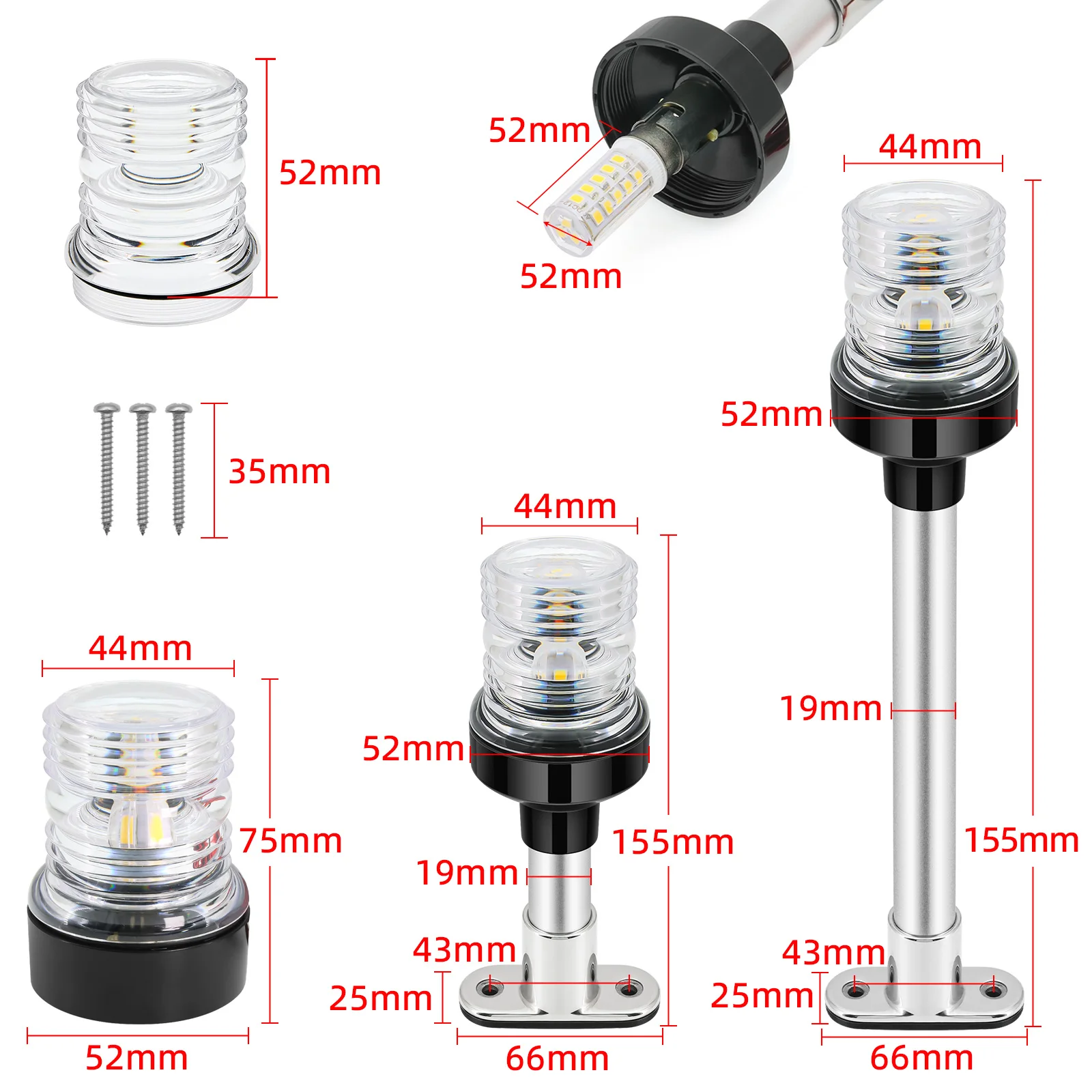Dobrável para baixo led barco luz de navegação 360 graus 6/12/22 polegada vela sinal luz âncora para iate barco marinho 12v 24v