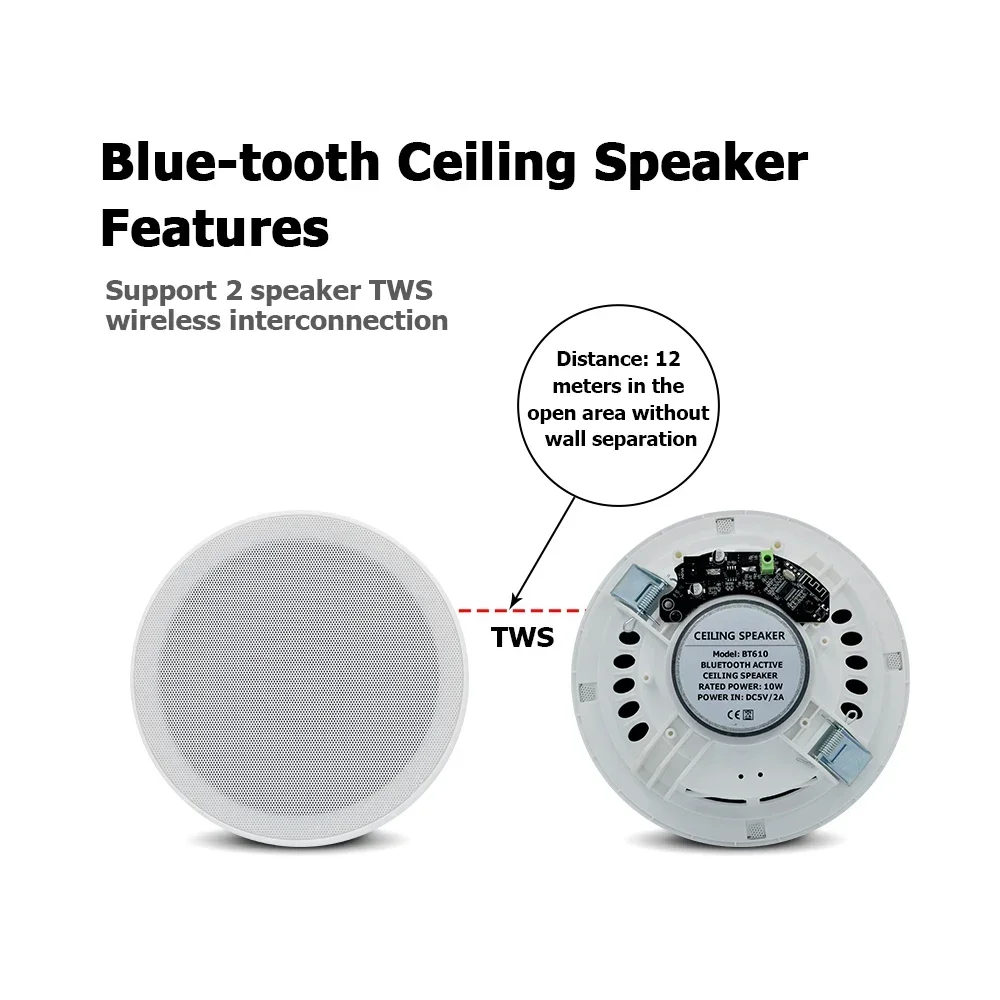Bluetooth-Deckenlautsprecher, 15,2 cm, integrierter digitaler Verstärker der Klasse, 10 W, InWall-Audio für Heimkino-Hintergrundgeräusche