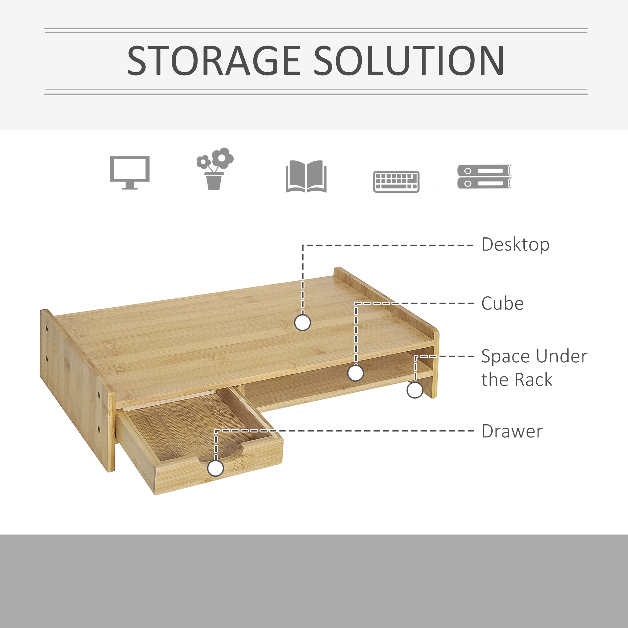 HOMCOM Monitor Dekoration Bambu Elevador de Pantas Desktop Tragbare Organizador de Escritorio 49x25,5x11,5cm