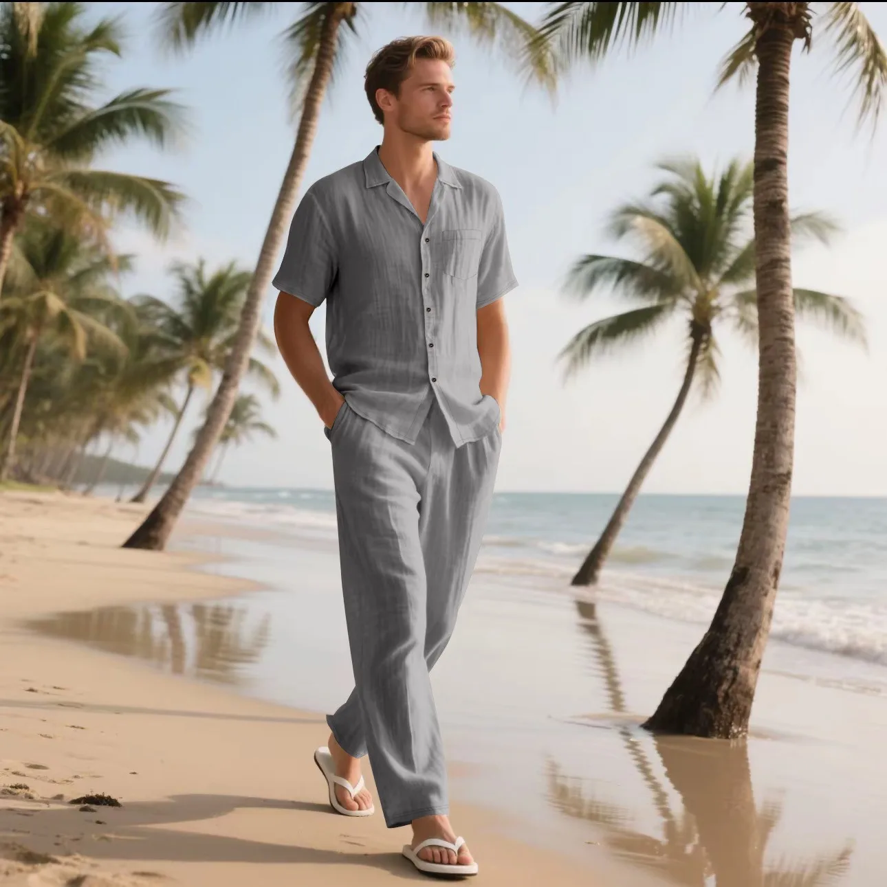 Das 2025 Summer Beach Herren-Kurzarmhemd-Set aus Leinen ist ein zweiteiliges langes Hosen-Set, das für alltägliche, lässige Strandurlaub geeignet ist