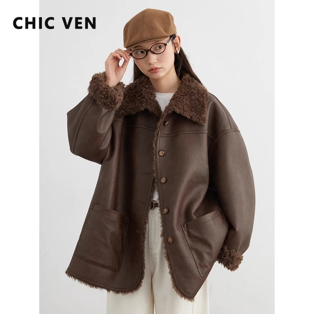 CHIC VEN женская куртка из искусственной кожи, свободное повседневное двустороннее пальто средней длины, женская верхняя одежда в стиле ретро, осень-зима 2025