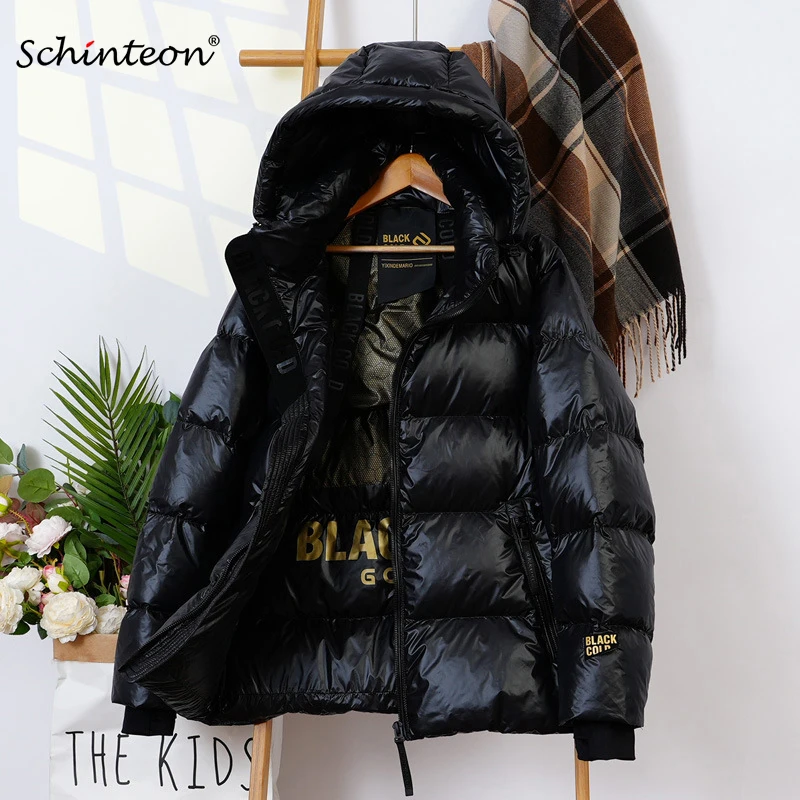 Schinteon feminino pato branco para baixo jaqueta com capuz casual sobre o tamanho outono inverno quente solto grosso curto outwear 2024 novo