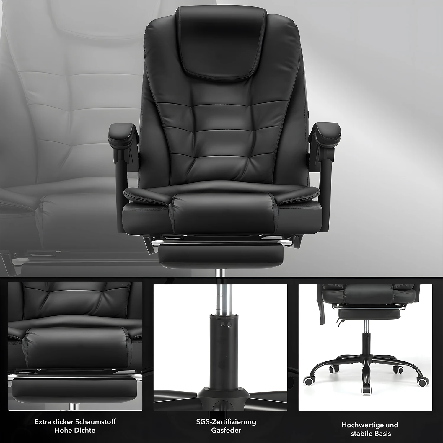 Bürostuhl mit Massagefunktion mit Fußstütze , ergonomisches Design mit großer Sitzpolsterung, Lendenwirbelstütze, Rollen, für reibungslose Mobilität im Büro, Schwarz