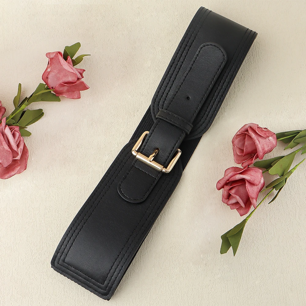 Cinto feminino elástico com fivela de pino quadrado, cinto largo elástico com jaqueta de terno