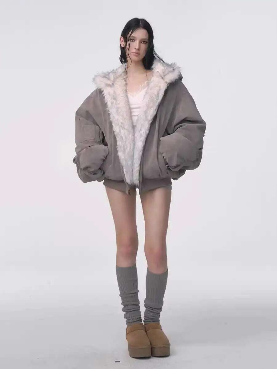 Inverno americano retro casaco de pele feminino acolchoado com capuz algodão-acolchoado jaqueta de pelúcia casual rua gótico harajuku casaco oversize