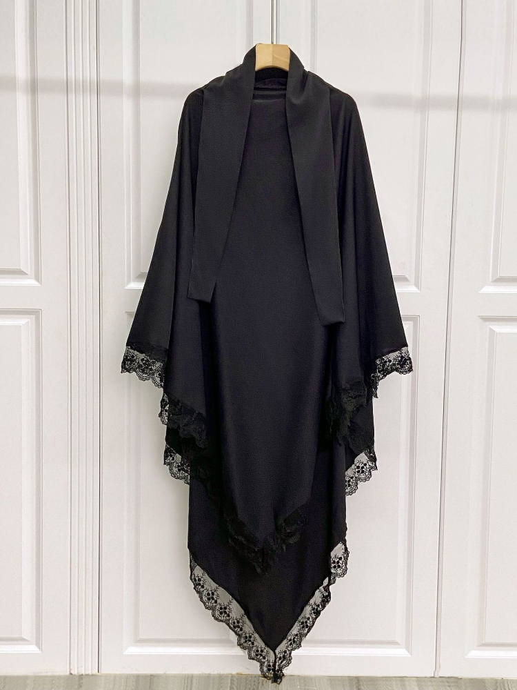 Ramadán encaje largo Khimar Hijab Eid musulmán Headcarf mujeres Jilbab una pieza Khimars Jubha islámico Hijabs Musulman prenda