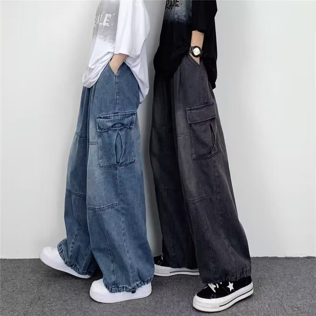男性と女性のための大きなポケット付きワイドレッグジーンズ、ルーズデニムパンツ、ストレートレッグ、カジュアルでトレンディ、用途、4シーズン、新